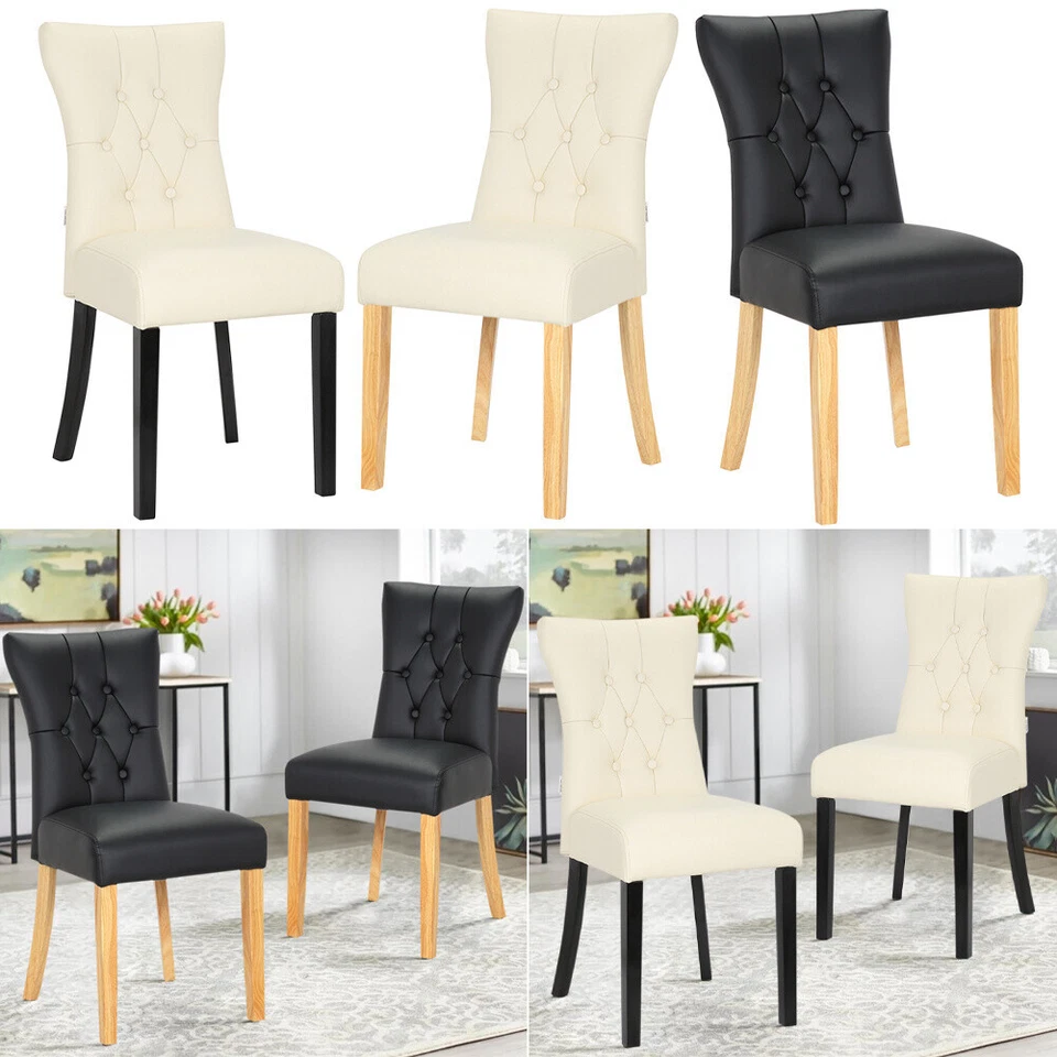 Pair of Faux Leather Dining Chairs Set Buttoned High Back Seat Kitchen Stools UK - Image 1 of 4