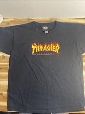 Thrasher Magazine T-shirt YOUTH Size Large Flaming Spell Out Logo Skateboard Blk