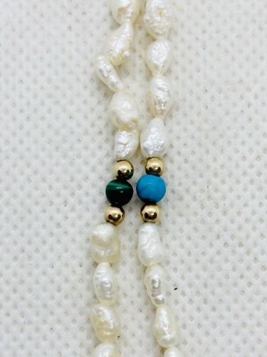 Solid 14k Yellow Gold Rice Pearl Natural Stones Beaded Necklace 24” 10.7g - Picture 8 of 10