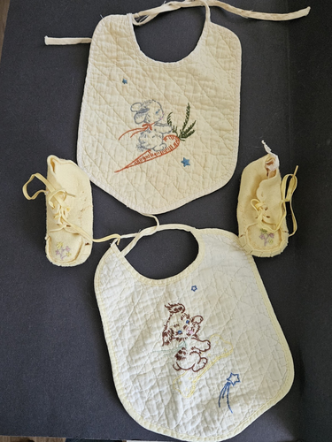 Vintage Embroidered Handmade 2 Nursery Childs Bibs and 1 Pair Booties