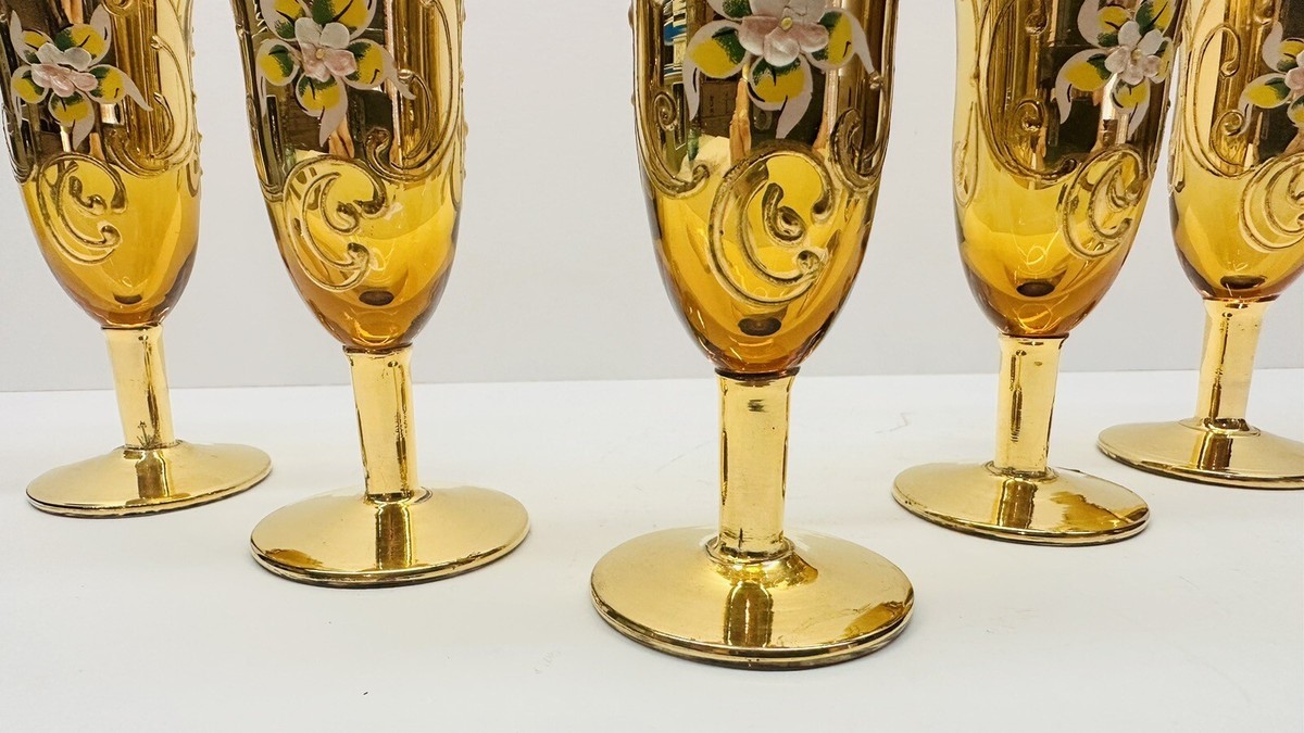 Vintage 6 Pc Murano Venetian Hand Painted 24K Gold Gilded Decanter
