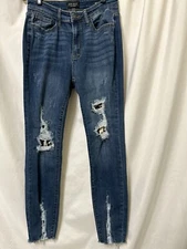 Judy Blue High Waist Leopard Patch Skinny Jeans Size 9 Destroyed 32 X 27 Raw Hem