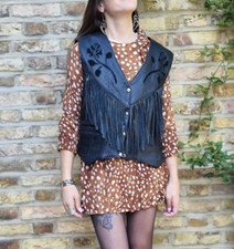 Leather Biker Waistcoat Fringe M 12 14 Black Vintage Motorcycle Club Jacket Vest