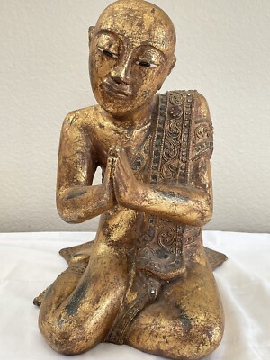 Vintage Hand Carved Praying Seated Buddhist Monk - Southeast Asian