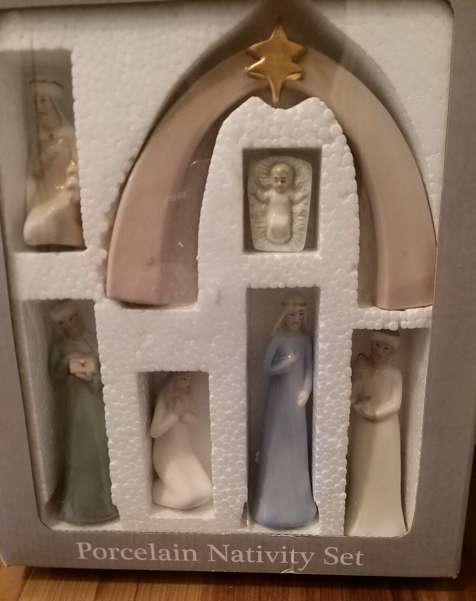 7 Piece Porcelain Nativity Set White Blue Ceramic Christmas | eBay