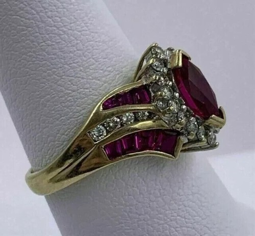 3Ct Marquise Lab-Created Red Ruby Wedding Engagement Ring 14k Yellow Gold Plated - Picture 3 of 4