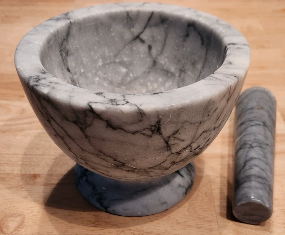 Granite Mortar and Pestle with White Marble Finish Grey 6.5" Diameter - Large