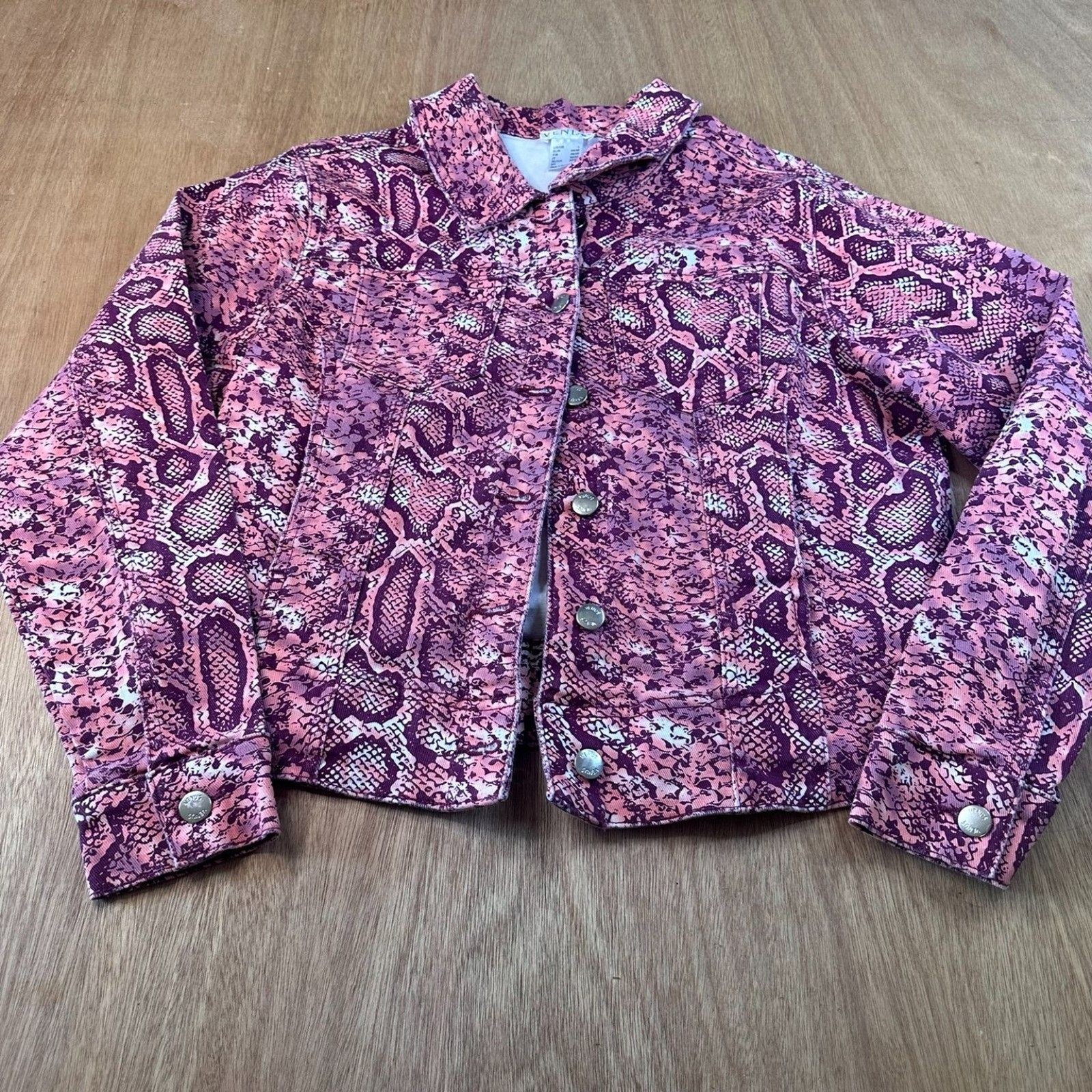 VENUS Snakeskin Print Cropped Denim Jacket Womens L Coral Pink Stretch
