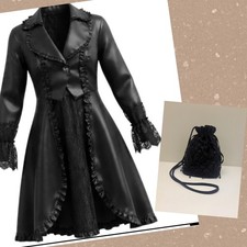 Gothic Steampunk Victorian Satin Lace Tailcoat Jacket Black with Beaded Pouch
