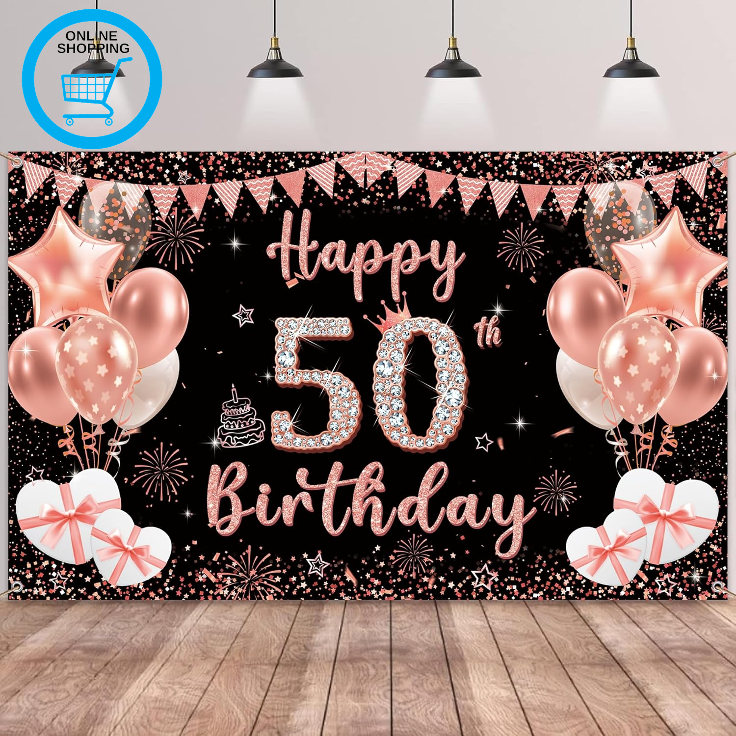 50Th Birthday Decoration Backdrop Banner - Black Rose Gold Happy 50Th Birthday B