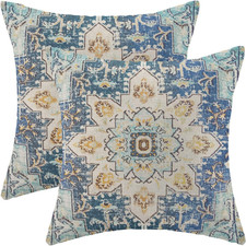 Boho Pillow Covers 18x18 Set of 2, Blue Yellow Carpet Pattern Decorative Throw P