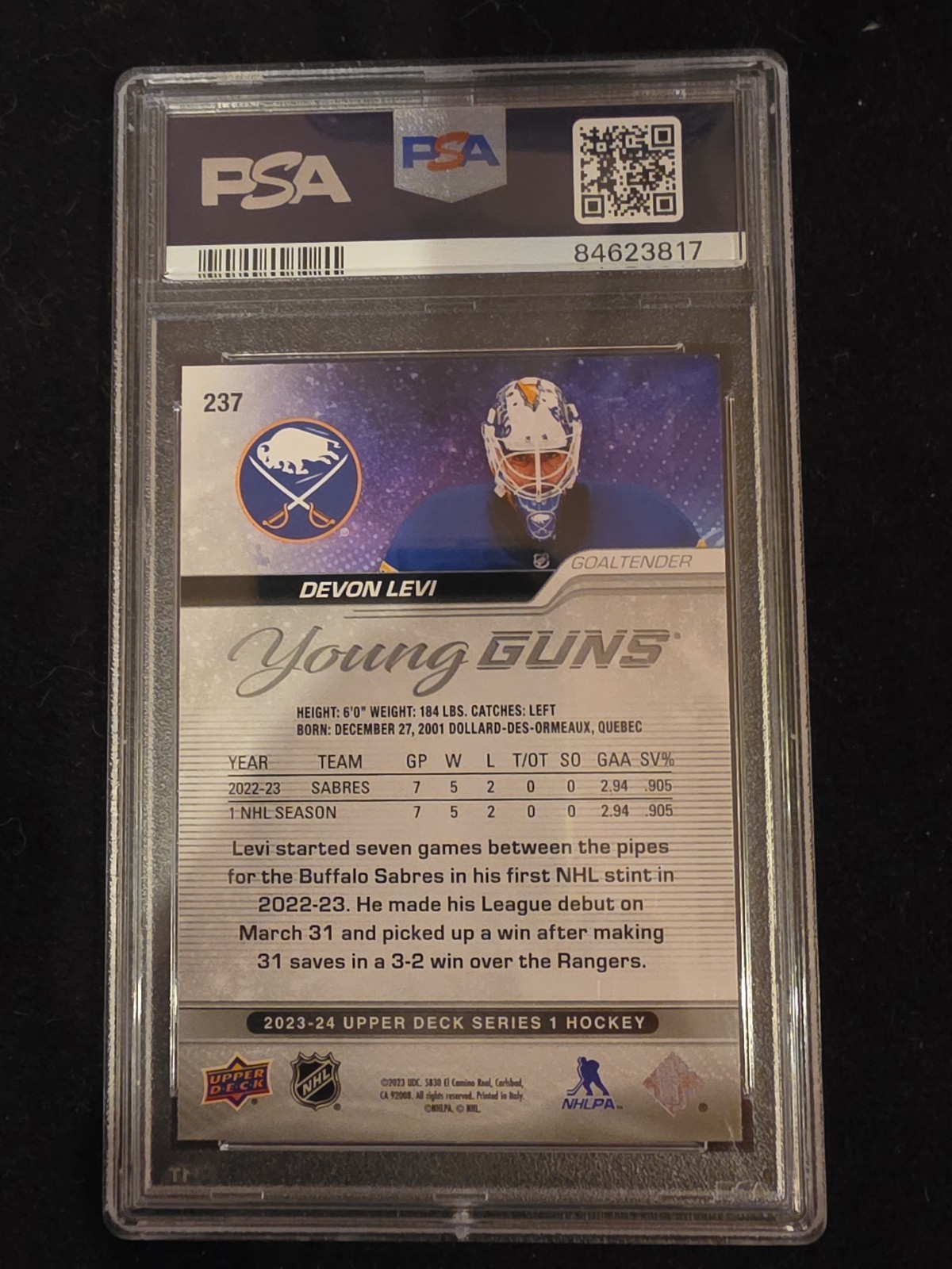 2023 Upper Deck Young Guns OUTBURST SILVER Devon Levi #237 PSA 9  view 2