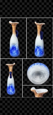 Hand Blown Studio Art Glass Vase   Sculptural Design  Cobalt Blue & Amber  25 cm
