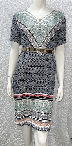 BNWT KATIES sz L 14 DRESS V-neck Shift Paisley Print Summer Above Knee Pencil #9