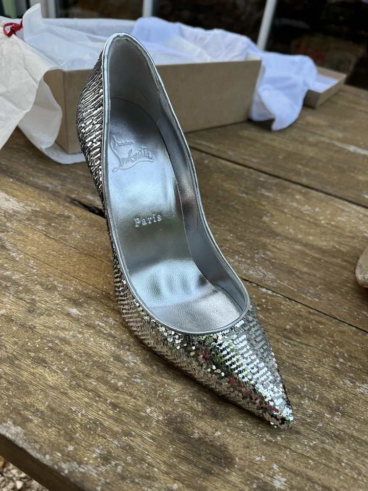 Christian Louboutin Kate Mini Paillettes 100 cuir vernis argenté 38 aiguille - Photo 4/4