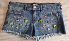 Express Jeweled Relaxed Low-Rise Frayed Blue Jean Shorts Gemstone Embellishments