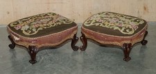PAIR OF ANTIQUE VICTORIAN 1860 UPHOLSTERED SMALL WINGBACK ARMCHAIR FOOTSTOOLS