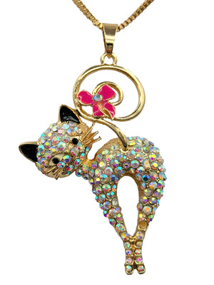 Betsey Johnson Crystal Kitty Cat Looking Back Pendant on Gold Necklace | 30in