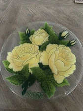 Peggy Karr Yellow Rose Plate Fused Glass 11" LTD #1711 2002 Signed COA