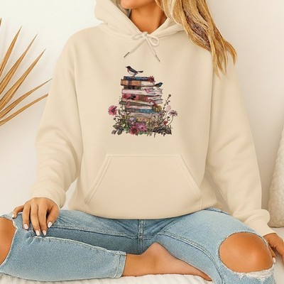 Vintage Bücherstapel Blumen Vögel Damen Hoodie Bücherwurm Geschenk für sie