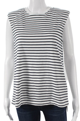 Tibi Womens Basic Striped Cotton Sleeveless Crewneck T-Shirt White Size S