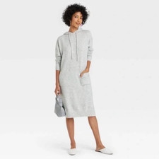 A New Day Women’s Gray Hooded Midi Sweater Dress XS Relaxed Fit with Pockets NWT
