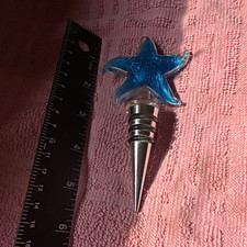 Blue Glass Starfish Bottle Stopper w/ Metal Cone, Reusable Nautical 4 in