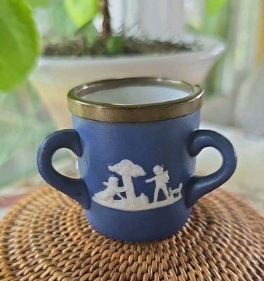 RARE Vtg Mini Wedgwood Jasperware Blue Dip Loving Cup 3 Handle Mug Metal Rim