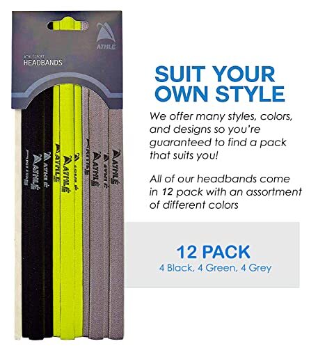 Athlé Skinny Headbands for Women and Men - 12 Pack - Elastic Black, Grey, Green - Bild 5 von 6