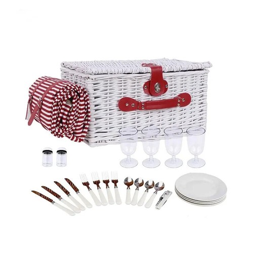Outdoor 4 Person Luxury White Wicker Picnic Basket Set with Plates Wine Glasses - Picture 2 of 9