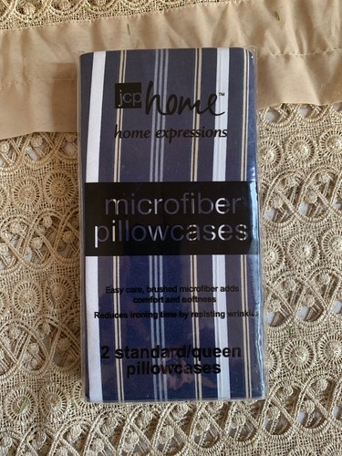 Neu JCP Home Expressions Mikrofaser 2 Standard/Queen Kissenbezüge marineblau gestreift - Bild 1 von 3