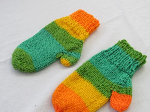 Hand Knit Mittens Kids Children's Youth Orange Yellow Green Olive - Picture 3 of 3