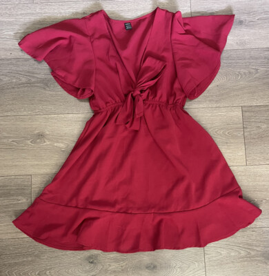 Shein burgandy red Dress XS ruffles flowy dress bow at waist | eBay