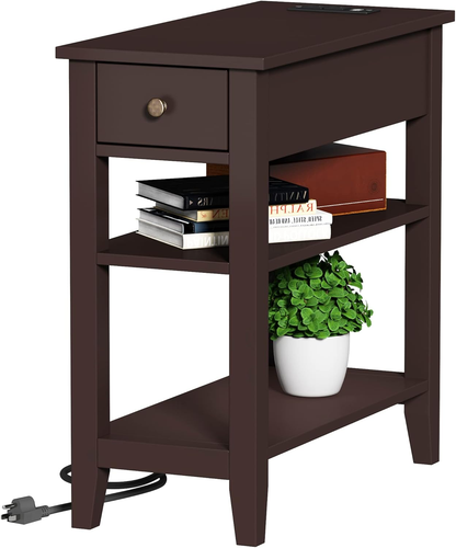 Narrow End Table with Charging Station, Side Table Living Room with USB Ports &