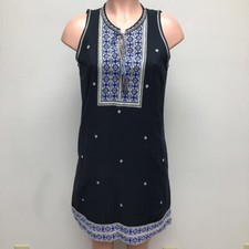 Madewell Womens Shift Dress Blue White Windowpane Keyhole Neck Sleeveless Trim 2