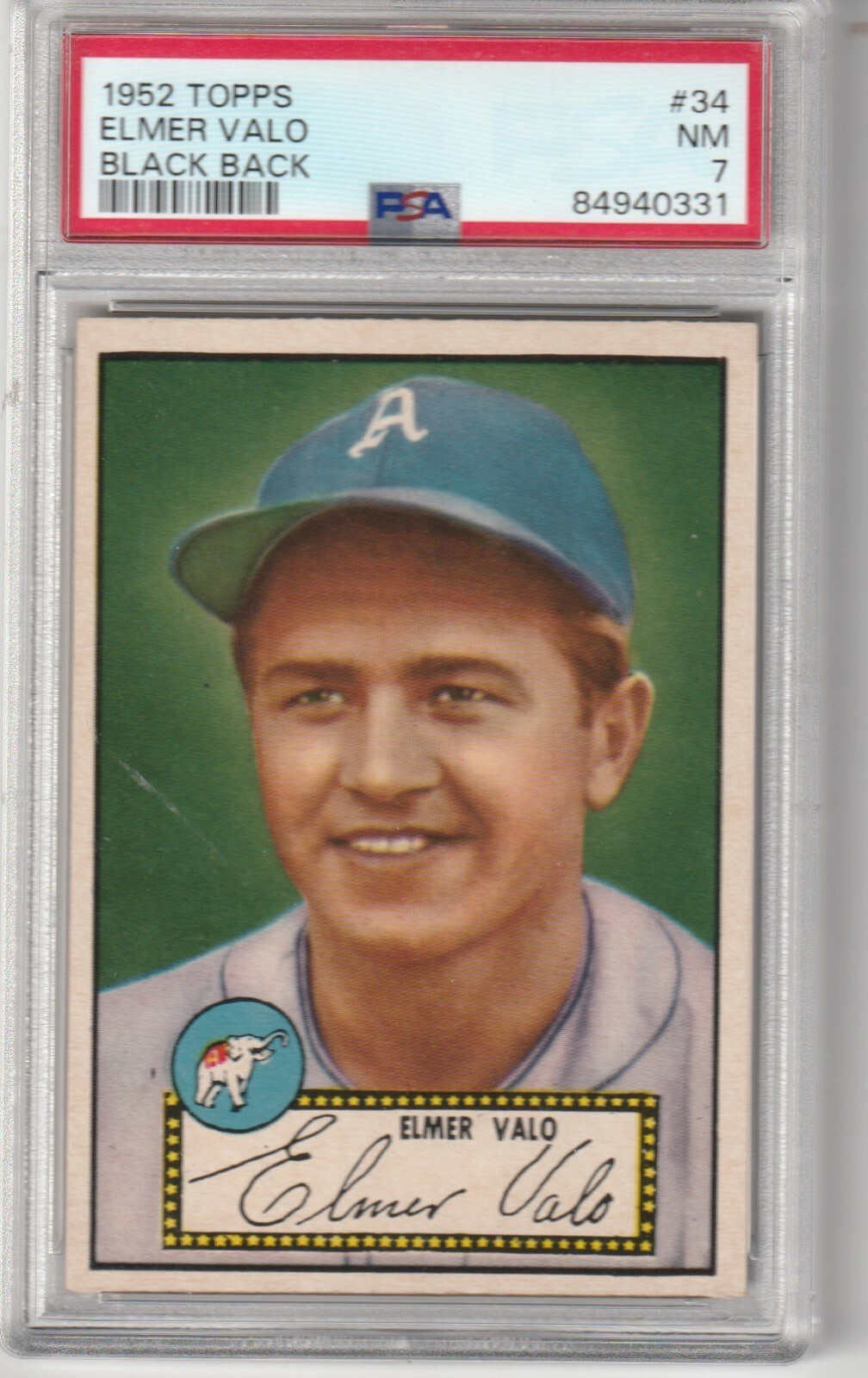 1952 Topps Elmer Valo #34, Black Back, PSA NM 7