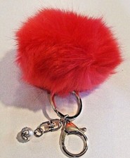 Dark Pink Faux Fur Pom White Pearl Accent Gold Purse Clip Keychain E - NEW