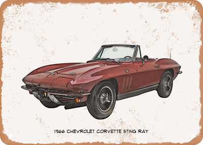 Classic Car Art - 1966 Chevy Corvette Sting Ray Pencil Sketch - Rusty Metal Sign