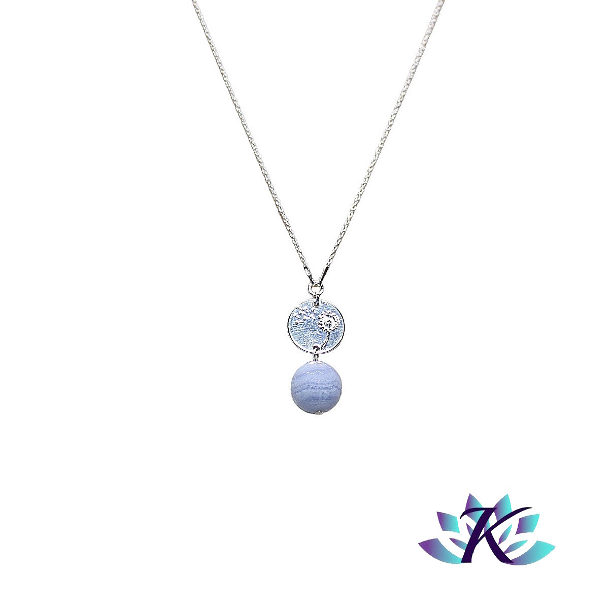 Collier maille vénitienne en argent 925 et calcédoine bleue dentelle