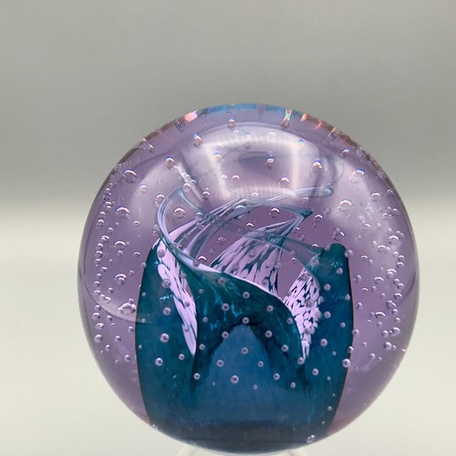 Caithness Blue green wave & bubble glass paperweight large