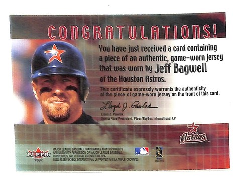Jeff Bagwell Astros 2002 Fleer Triple Crown RBI Kings Game Used Jersey Patch - Picture 2 of 2