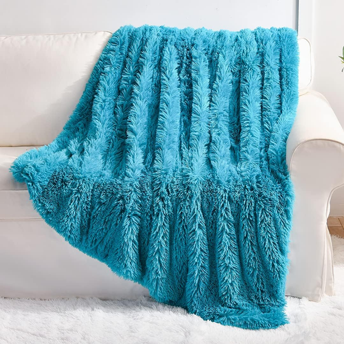 Teal Faux Fur Throw Blanket,2 Layers,50" X 60", Turquoise Soft Fuzzy Fluffy Plus - Picture 12 of 12