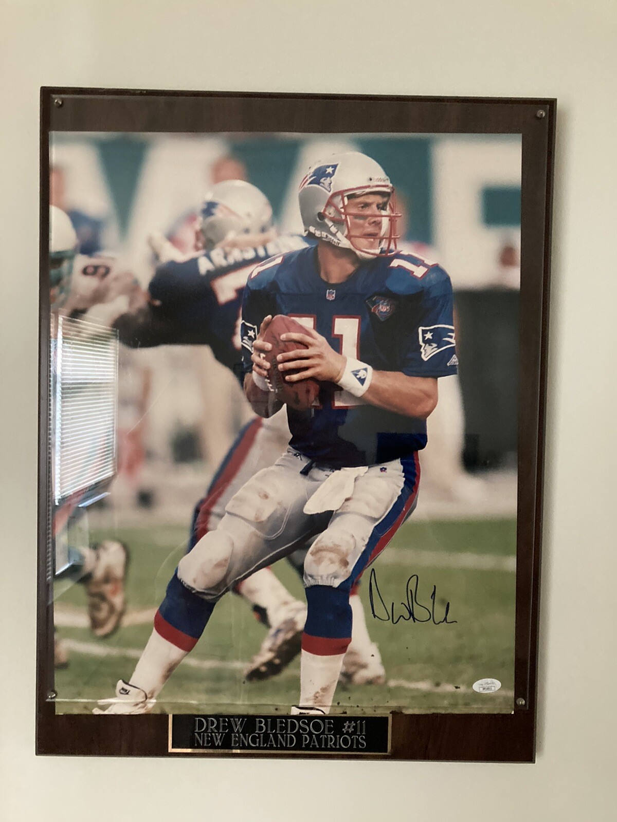 Drew Bledsoe Autographed Signed New England Patriots NFL Framed Photo with JSA CoA 
