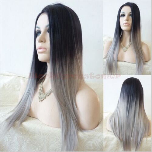 Ladies Straight Synthetic Wigs Ombre Tone Color Black Mixed Gray Cheap Full Wigs