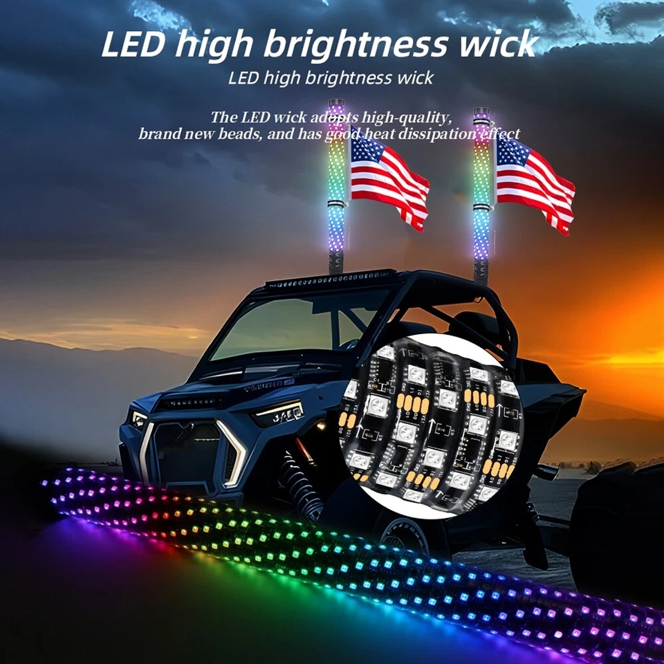 Par de luces LED espirales de látigo de grasa de 2 pies persecución RGB para RZR Can-Am X3 ATV UTV Foto 4 de 4