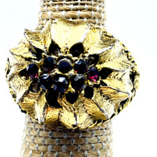 Red Beaded Dinner Ring Gold Tone Adjustable Dome Cutout Bling Sparkle Holiday