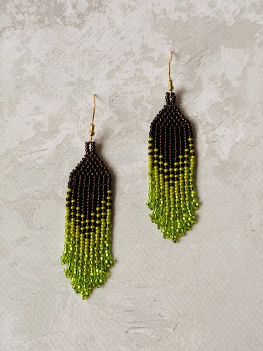 Brown olive green beaded earrings with fringe, Long gradient seed bead earrings - Picture 3 of 10