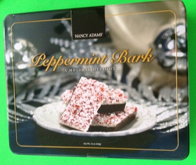 SQUARE METAL TIN CANISTER FOR TREATS, STORAGE, ETC 'NANCY ADAMS PEPPERMINT BARK'
