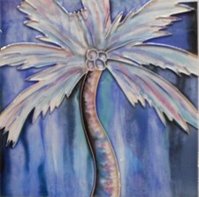 Tropical palm hand painted ceramic art tile 6 x 6 inches with fiberboard back
