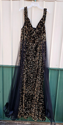 FAERIESTY Women's SZ 5XL SEXY Black & Gold Sequin FORMAL GOWN DRESS PROM NWOT